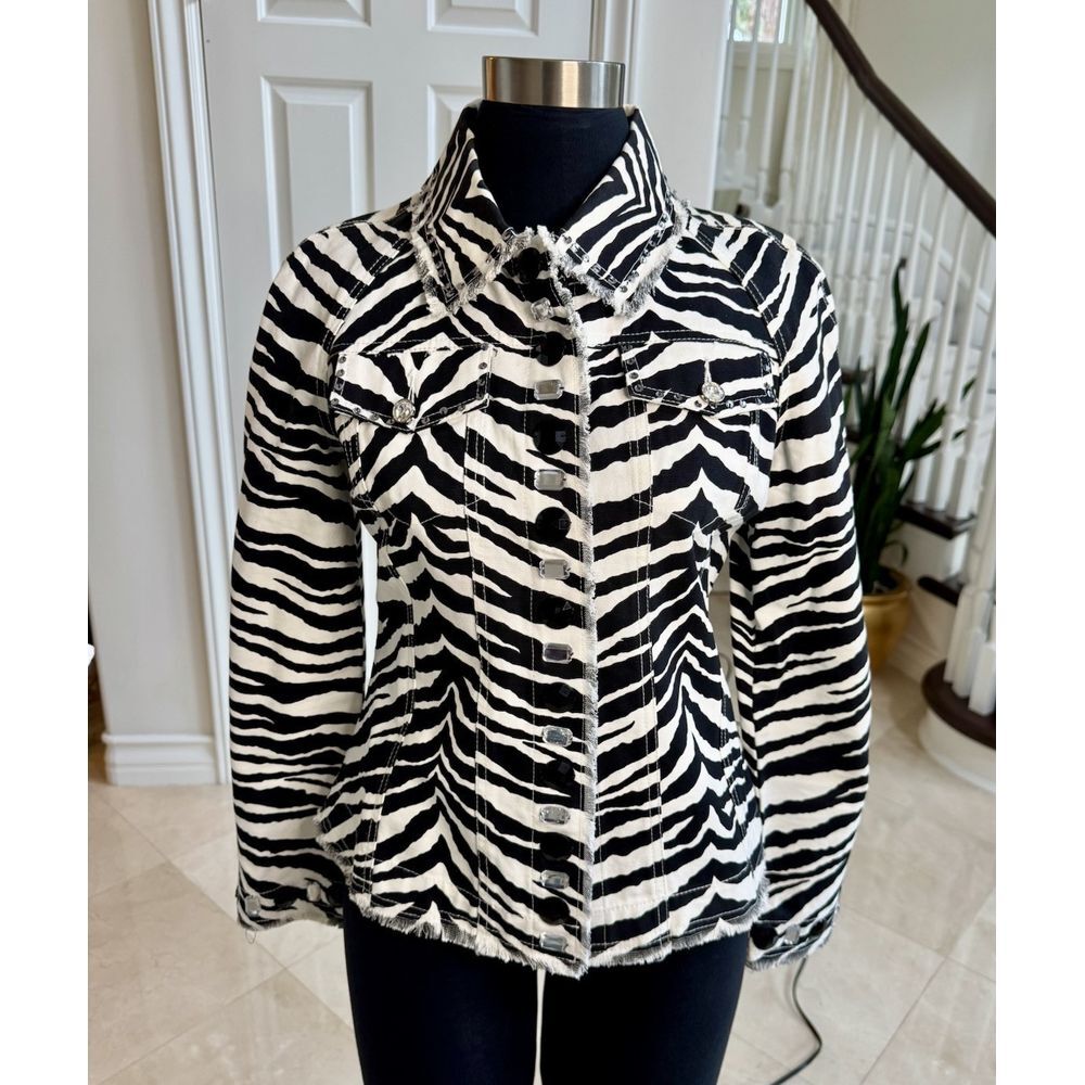 Just B Women's Black White Zebra Stripe Cotton Blazer/Jacket Embellished, Sz‎ M